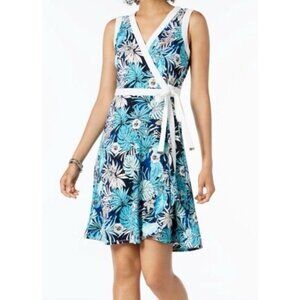 Tommy Hilfiger Dress 16 Blue White Floral Sleeveless Wrap Summer Washable NEW